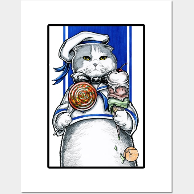 Sailor Cat With Ice Cream - Black Outlined Version Wall Art by Nat Ewert Art